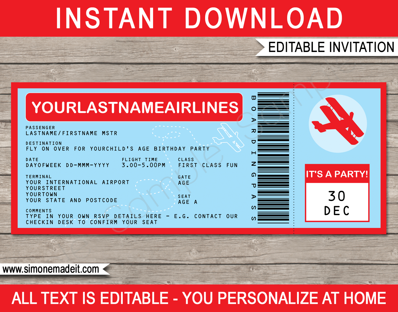 Airplane Boarding Pass Invitations Template Birthday Party