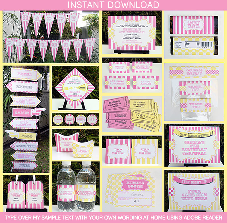 circus or carnival party theme printables, invitations & decorations | pink yellow