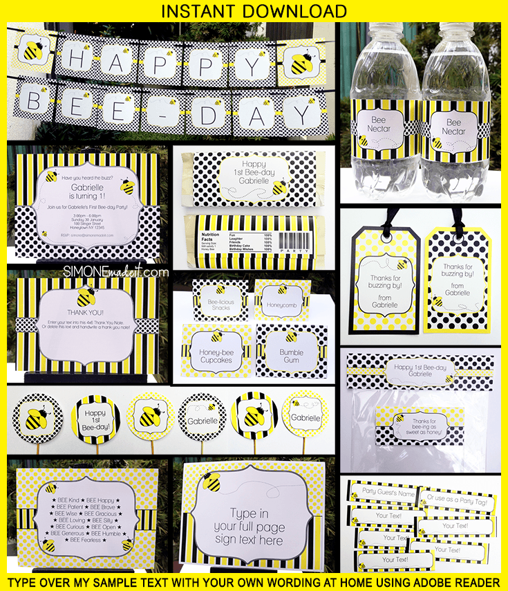 Printable Bee day party invitation and decorations