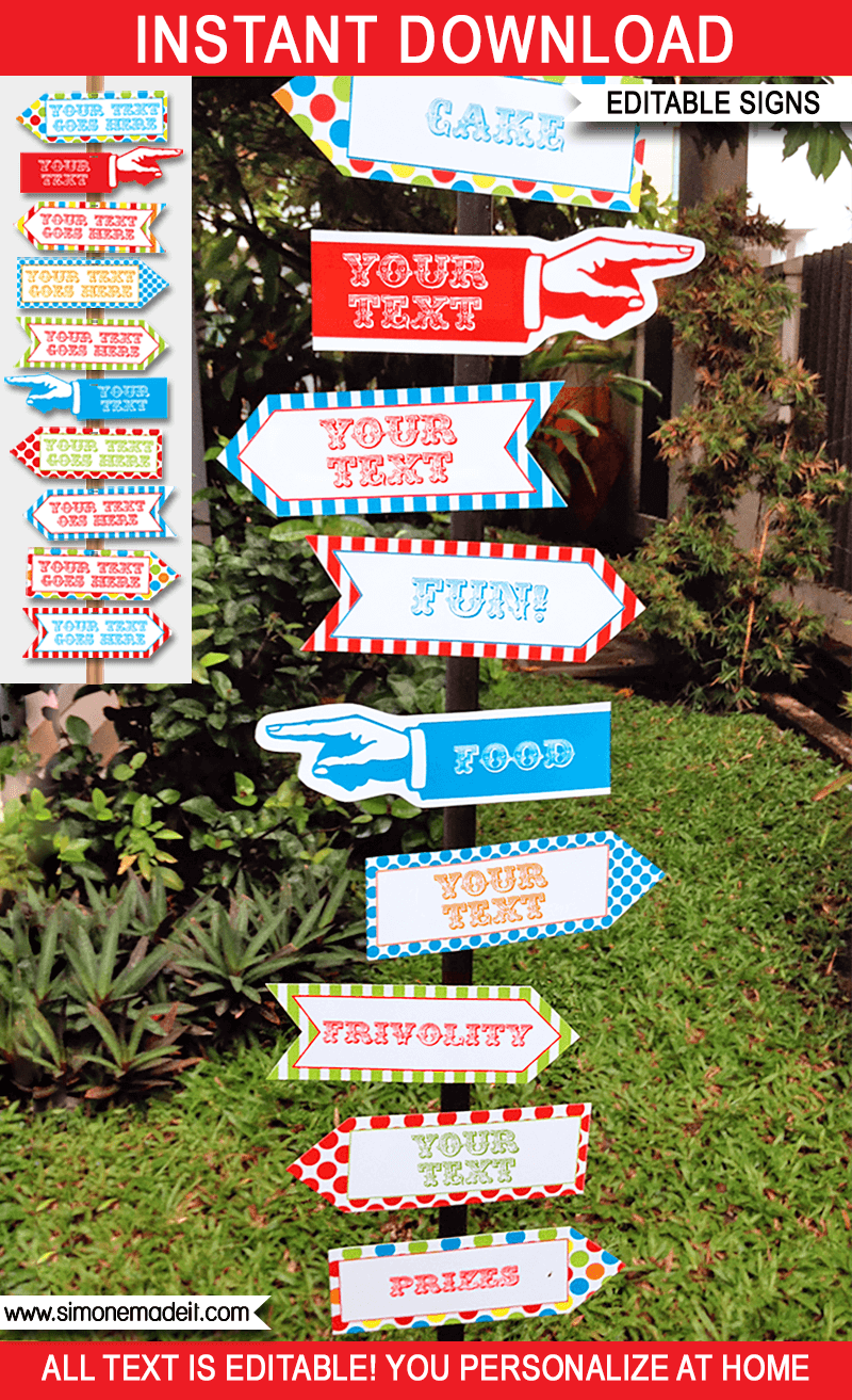 Colorful Carnival Directional Signs | Carnival Party | Circus Party | Direction Arrows | Editable DIY Template | $4.50 INSTANT DOWNLOAD via SIMONEmadeit.com