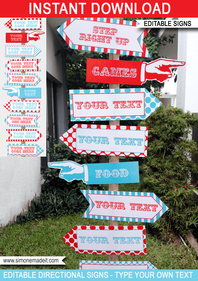 Red and Aqua Circus Directional Signs | Carnival Party | Circus Party | Direction Arrows | Editable DIY Template | $4.50 INSTANT DOWNLOAD via SIMONEmadeit.com