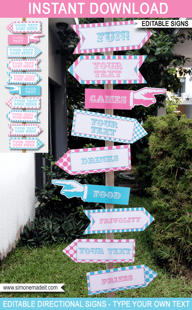 Yellow & Pink Carnival Directional Signs | Carnival Party | Circus Party | Direction Arrows | Editable DIY Template | $4.50 INSTANT DOWNLOAD via SIMONEmadeit.com