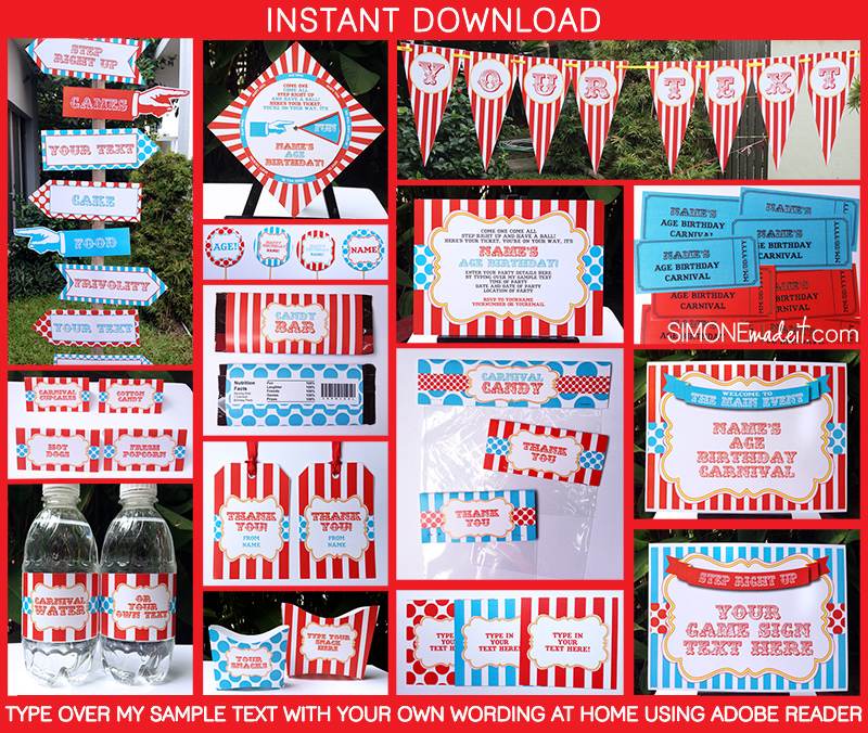 Circus or Carnival Party Theme Printables, Invitations & Decorations - Red & Aqua