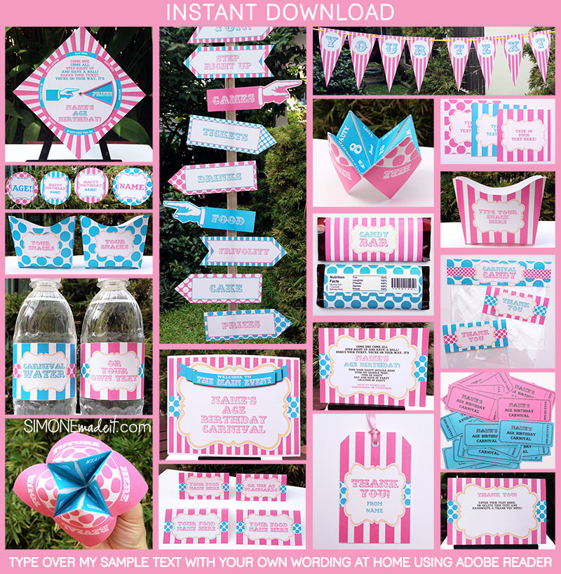 Circus or Carnival Party Theme Printables, Invitations & Decorations - Pink & Aqua