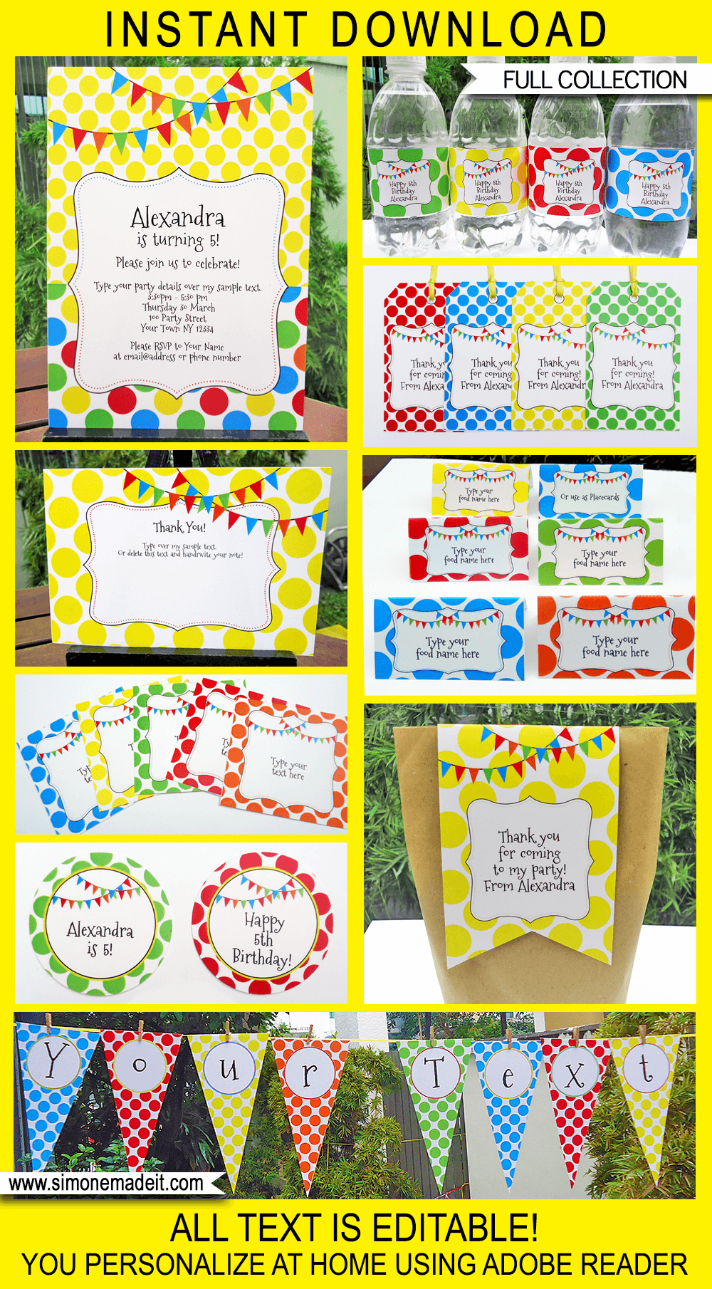 Polkadot Party Printables, Invitations & Decorations | Colorful Birthday Party | Editable Text Templates | INSTANT DOWNLOAD $12.50 via SIMONEmadeit.com