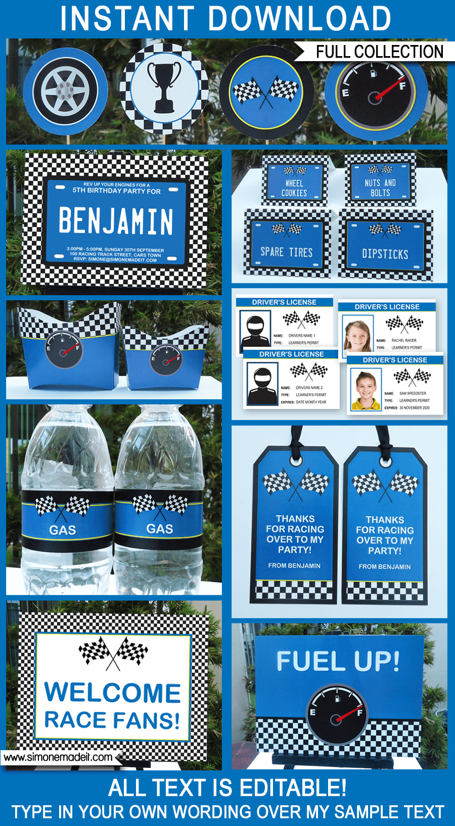 Blue Race Car Birthday Party Printables, Invitations & Decorations | Editable Theme Templates | INSTANT DOWNLOAD $12.50 via SIMONEmadeit.com