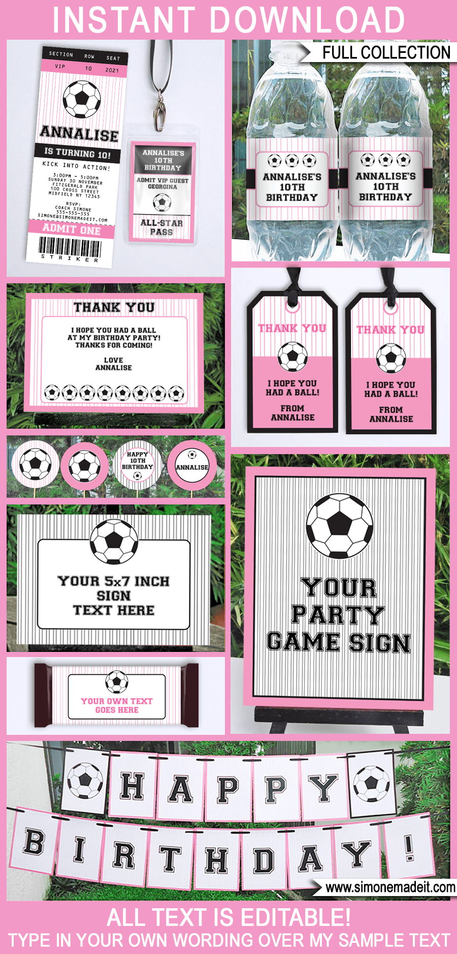 Pink Soccer Party Printables, Invitations & Decorations Templates Package | DIY Editable Girls Birthday Party Theme | INSTANT DOWNLOAD $12.50 via SIMONEmadeit.com