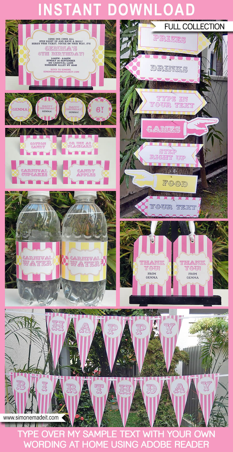 Pink Yellow Carnival Party Printables, Invitations & Decorations | Circus Party | Birthday Party | Editable Theme Templates | INSTANT DOWNLOAD $12.50 via SIMONEmadeit.com