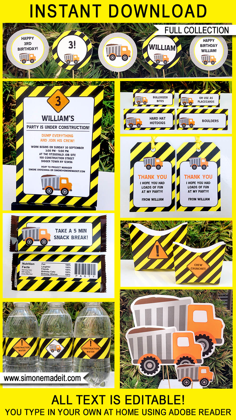 Construction Party Printables, Invitations & Decorations | Birthday Party | Editable Theme Templates | Printable Road Signs | INSTANT DOWNLOAD $12.50 via SIMONEmadeit.com