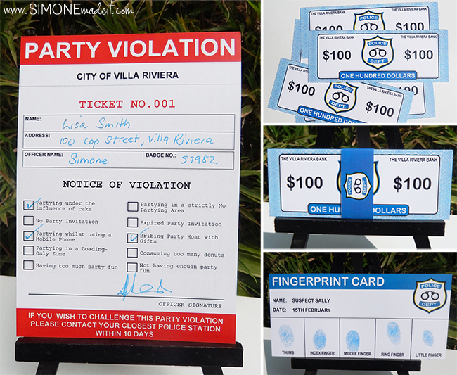 Police Birthday Party Printables | Money | Party Violation | Evidence Markers | Fingerprint Cards