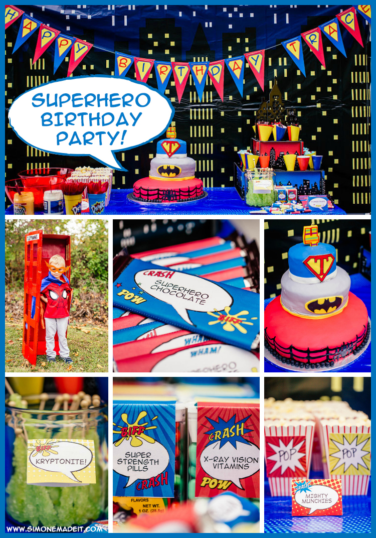 This gorgeous, brightly-colored #Superhero Birthday Party sure packs a powerful punch! Featuring SIMONEmadeit Party Printables! https://www.simonemadeit.com/superhero-birthday-party/