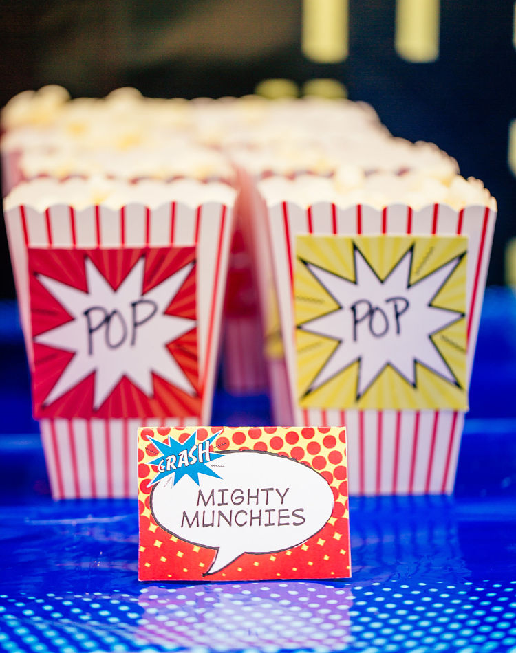 Yummy 'Mighty Munchies' for your #Superhero Party! Featuring SIMONEmadeit Party Printables https://www.simonemadeit.com/superhero-birthday-party/
