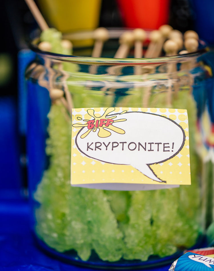 No #Superhero Birthday Party would be complete without some 'Kryptonite' aka home-made rock candy! Featuring SIMONEmadeit Party Printables https://www.simonemadeit.com/superhero-birthday-party/