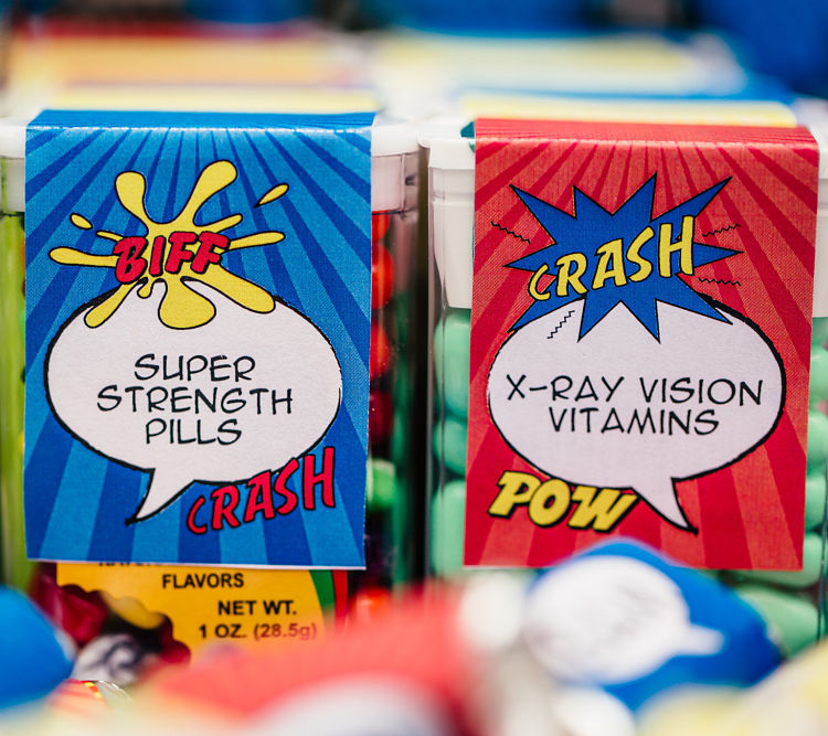 Don't forget the #Superpower Pills for all party guests! What little superboy or supergirl wouldn't want some 'X-Ray Vision Vitamins' or 'Super Strength Pills'?! Featuring SIMONEmadeit Party Printables https://www.simonemadeit.com/superhero-birthday-party/