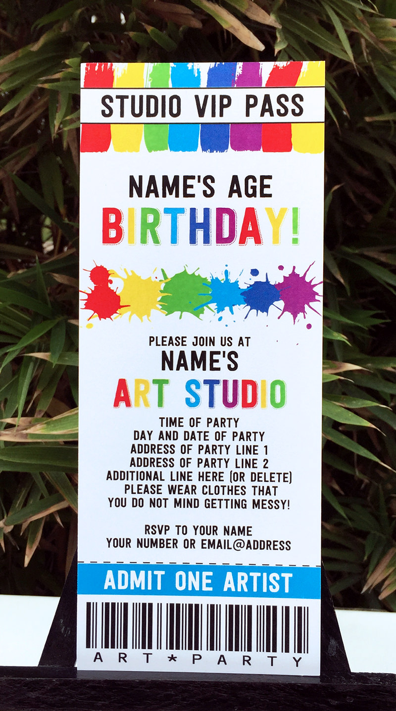 Art Birthday Party Theme Ticket Invitations | Paint Party | DIY Editable Template