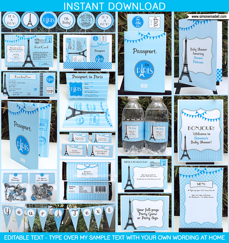 Paris Baby Shower Theme Printables | Blue Boys | Editable DIY Templates | $12.50 via SIMONEmadeit.com