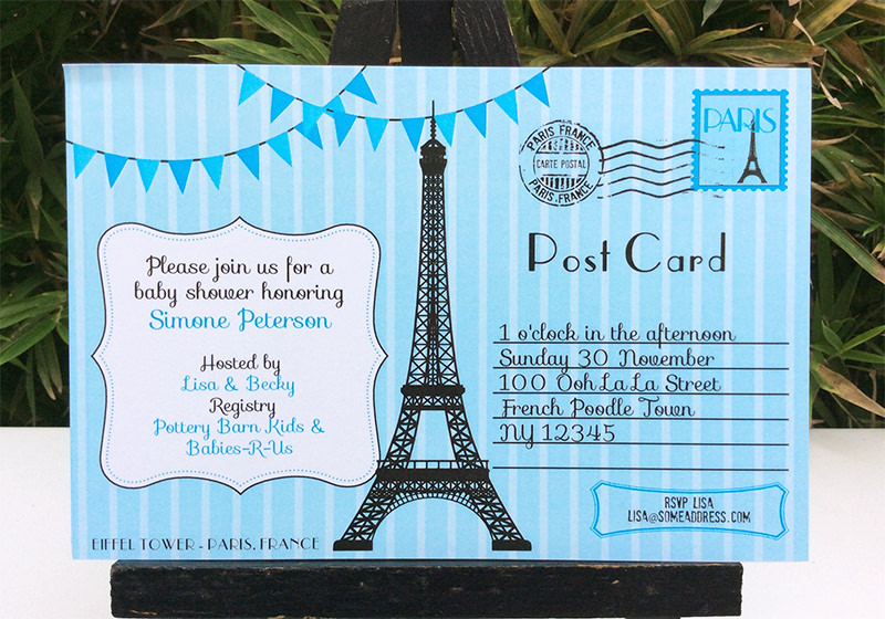 Blue Paris baby shower Post Card Invitations | Postcard to Paris Invitations | Editable DIY Printable Template