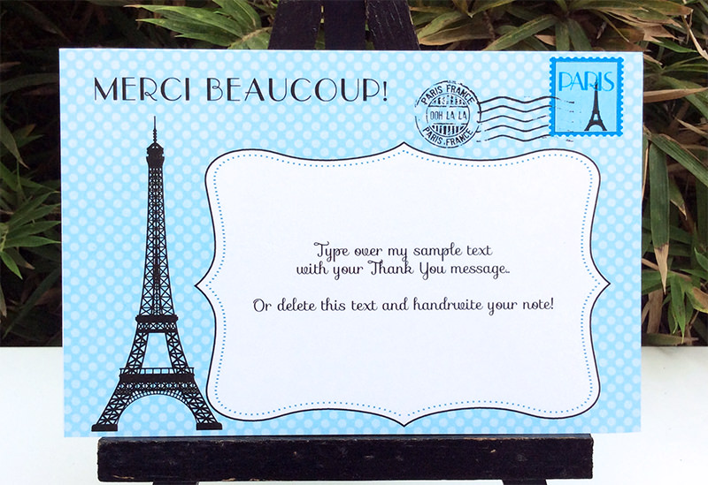 Blue Paris baby shower thank you notes | Editable DIY Printable Template