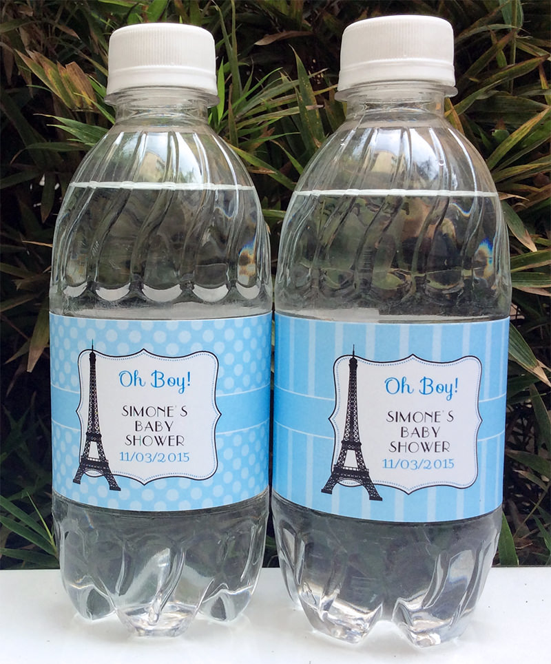 Blue Paris baby shower water bottle labels | Editable DIY Printable Template