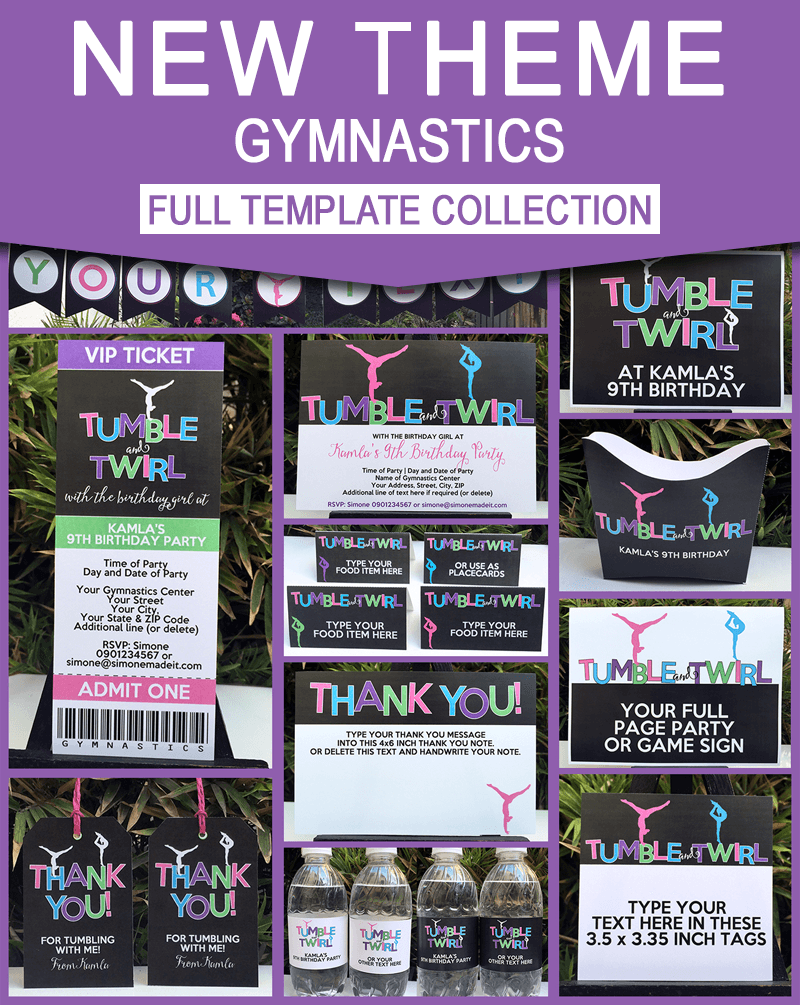 Gymnastics Birthday Party Printables, Invitations & Decorations | Gymnastics Theme Editable Templates | DIY
