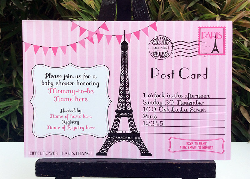 Pink Paris Baby Shower Post card Invitations | Postcard to Paris Invitations | Editable DIY Printable Template