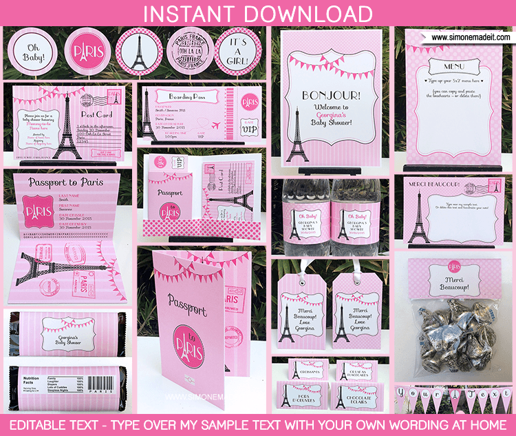 Paris Baby Shower Theme Printables | Pink Girls | Editable DIY Templates | $12.50 via SIMONEmadeit.com