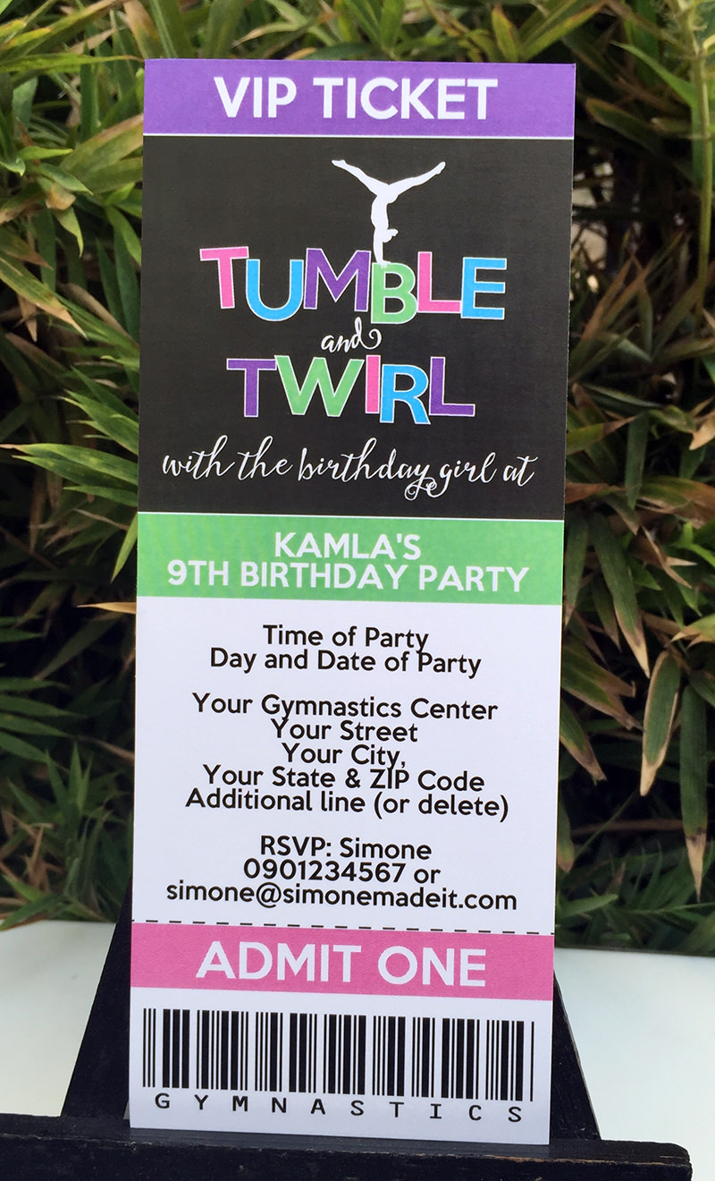 Gymnastics Birthday Party Ticket Invitations | Editable DIY Template
