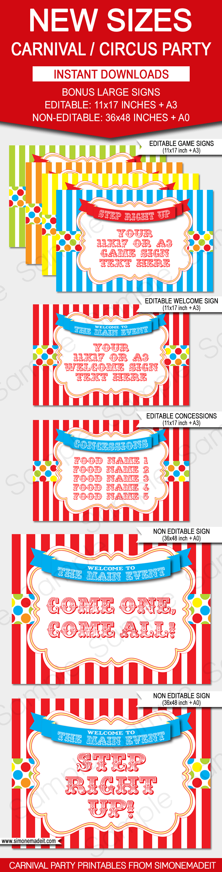 Carnival Signs | Circus Signs | Circus Theme Party | Carnival Theme Party | Welcome Sign | Concessions Sign | Game Signs | Party Decorations | via SIMONEmadeit.com