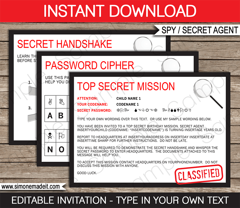 Spy Party Invitation | Secret Agent Party Invitation | James Bond Invitation | Secret Password Code & Cipher | Top Secret Mission | Birthday Party | INSTANT DOWNLOAD via SIMONEmadeit.com