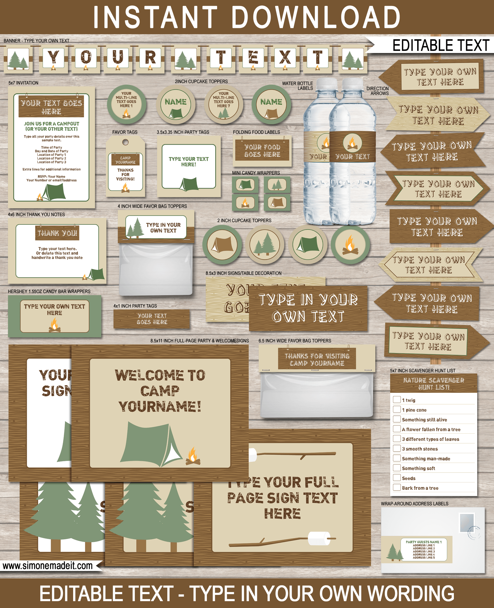 Camping Party Printables | Camping Birthday Party Theme | DIY Editable & Printable Templates | INSTANT DOWNLOAD $12.50 via simonemadeit.com