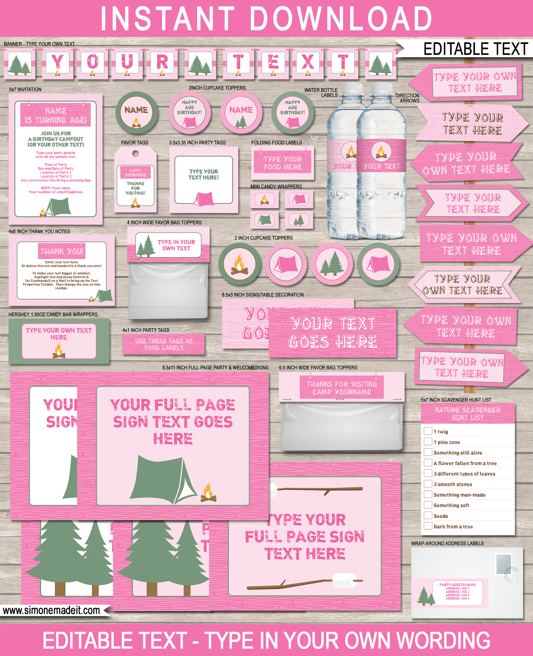 Pink Girl Camping Party Printables | Camping Birthday Party Theme | DIY Editable & Printable Templates | INSTANT DOWNLOAD $12.50 via simonemadeit.com