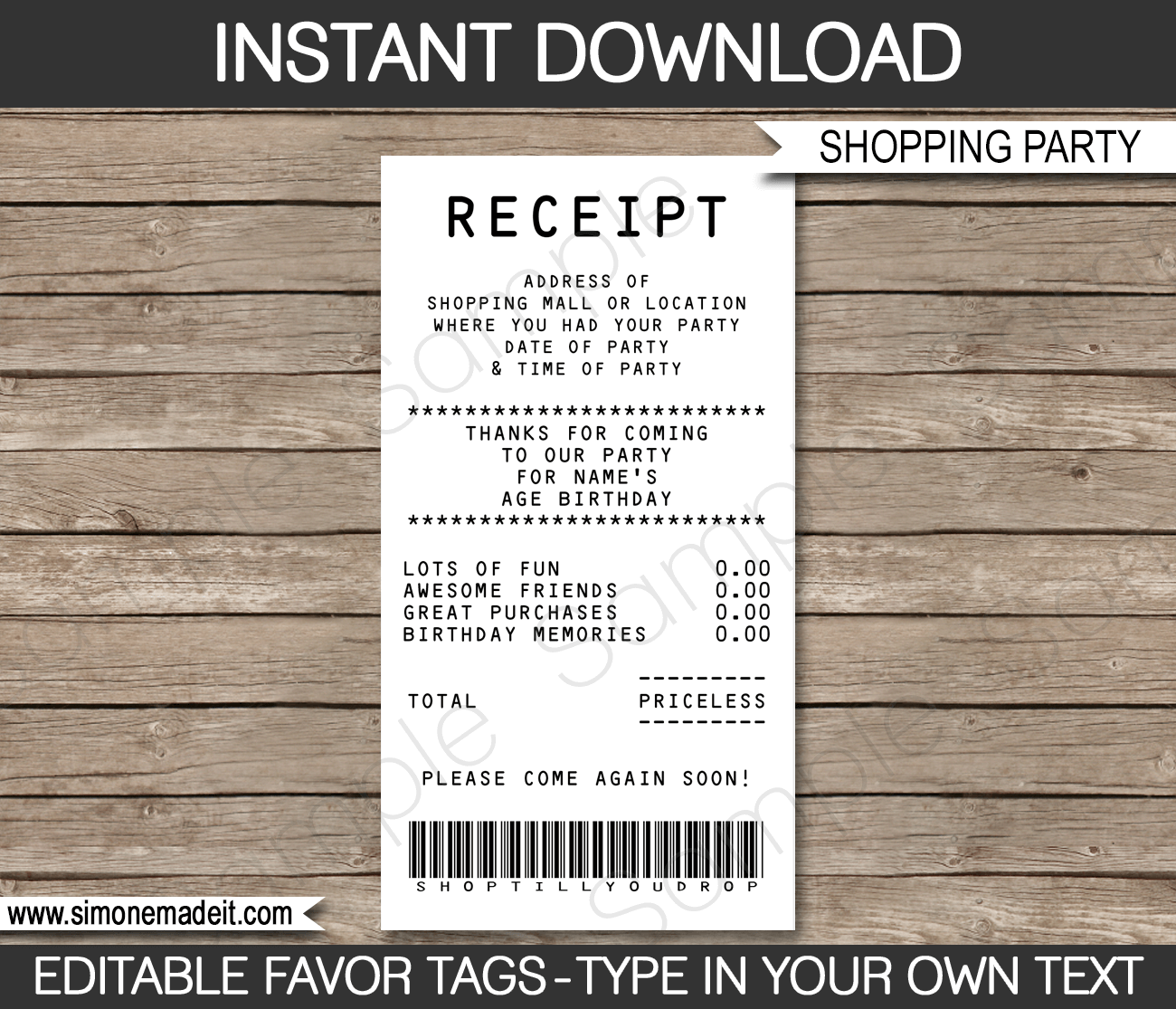 Receipt Style Favor Tags | Thank You Tags | Shopping Party | Mall Scavenger Hunt | Editable and Printable DIY Template | Instant Download via simonemadeit.com