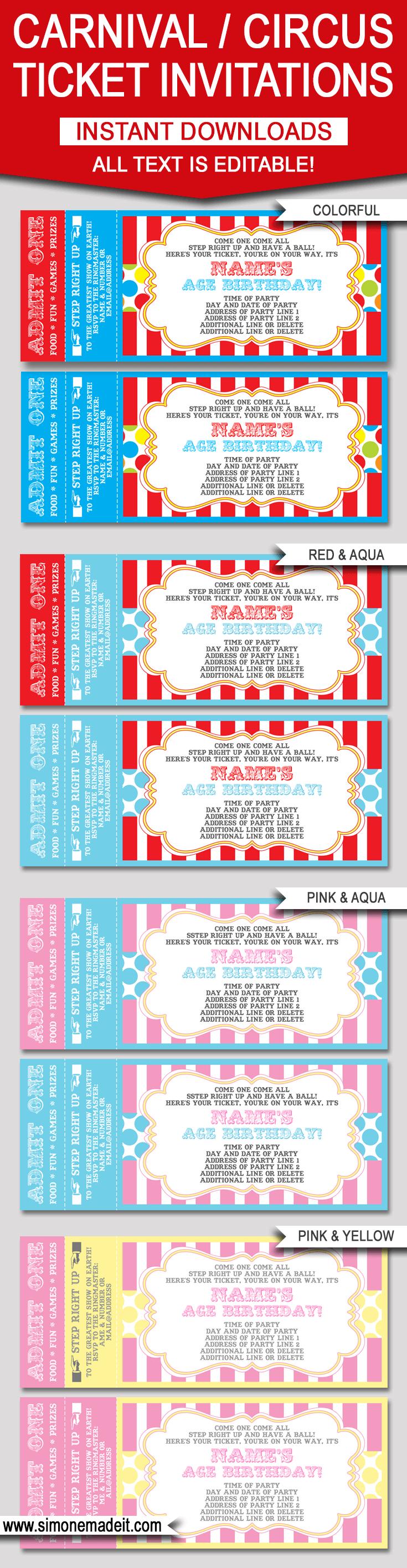 Editable Carnival Ticket Invitations | Editable Circus Ticket Invitations | Birthday Party | Big Top | Editable and Printable Invitation Templates | INSTANT DOWNLOADS $7.50 via simonemadeit.com