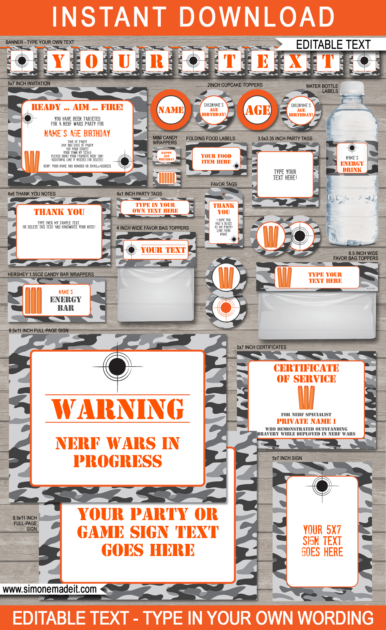 Gray Camo Nerf Party Printables | Nerf Wars | Birthday Party | Editable and Printable templates | INSTANT DOWNLOAD $12.50 via simonemadeit.com