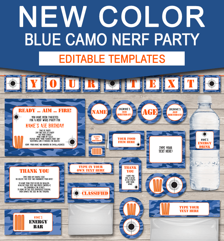 Blue Camo Nerf Printables | Nerf Wars Party | Birthday Party | editable and printable templates | Instant Download