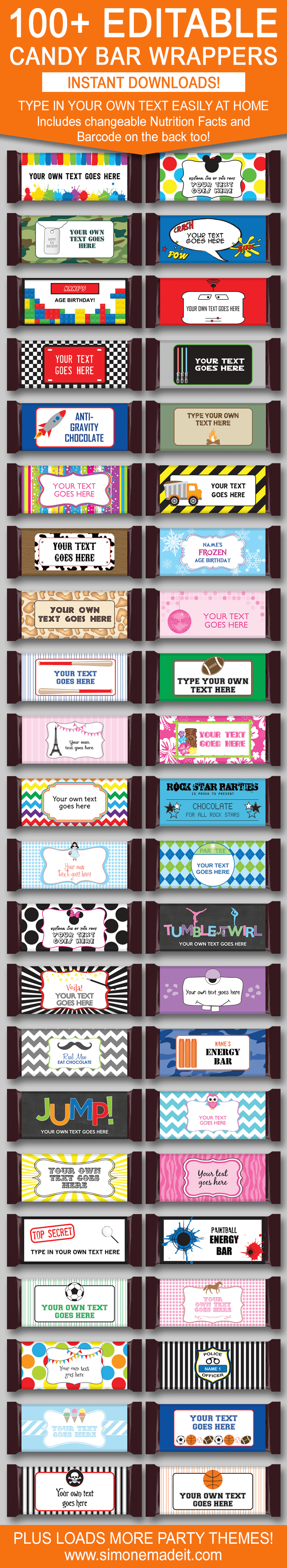 DIY Candy Bar Wrapper Templates | Birthday Party Favors | 1.55oz Hershey Candy Bars | Personalized Candy Bar Wrappers | Chocolate Bar Labels | INSTANT DOWNLOAD $3.00 via simonemadeit.com