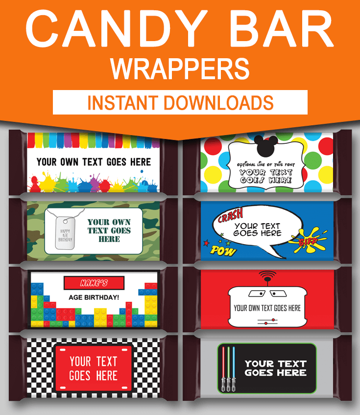 Fully Customized Black and Silver Party Candy Bar Wrappers DIY PRINTABLE