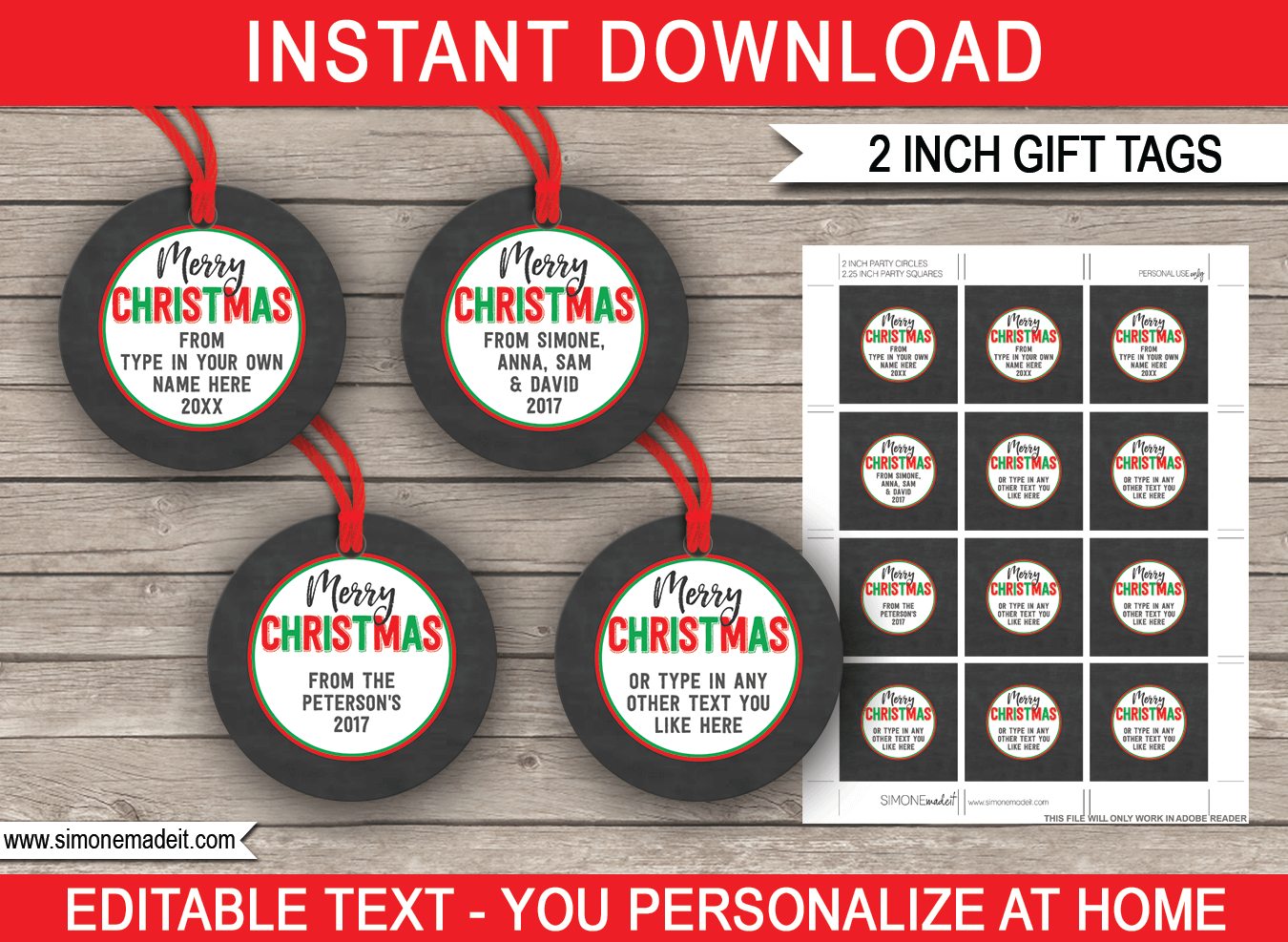 Printable Christmas Cupcake Toppers | Chalkboard | 2 inch | Editable DIY Template | Instant Download via simonemadeit.com