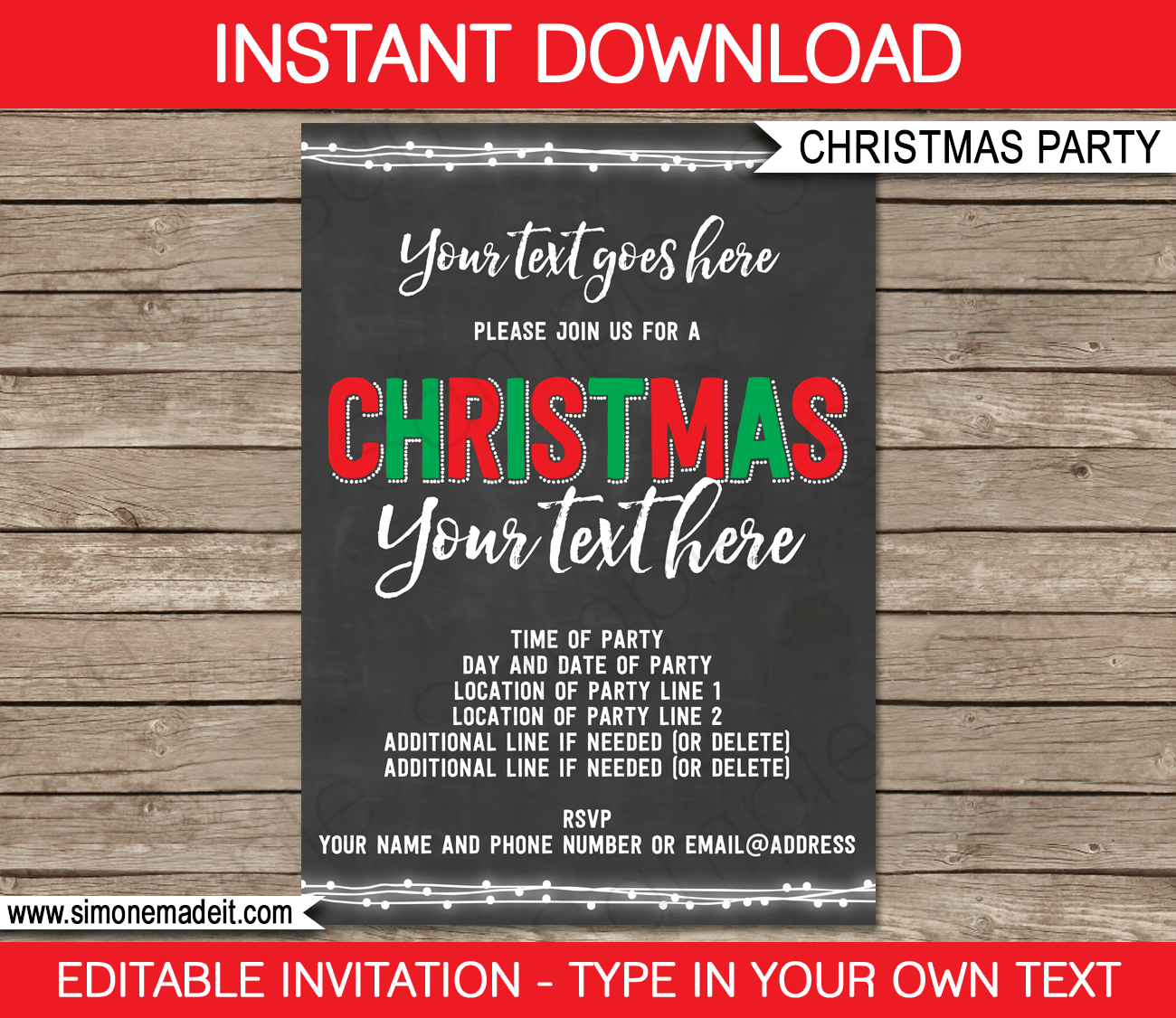 Printable Christmas Party Invitations | Chalkboard | Editable Text | Instant Download via simonemadeit.com