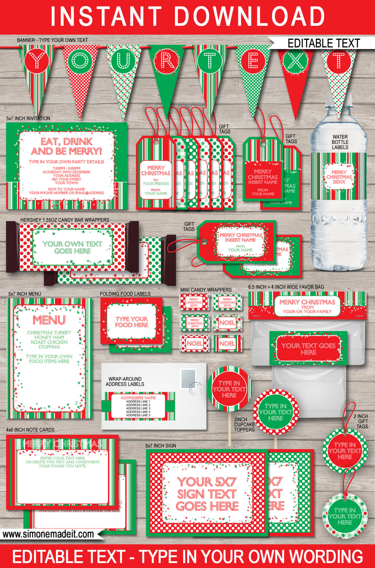 Printable Christmas Gift Tags, Invitations and Decorations | Editable Templates | instant download via simonemadeit.com