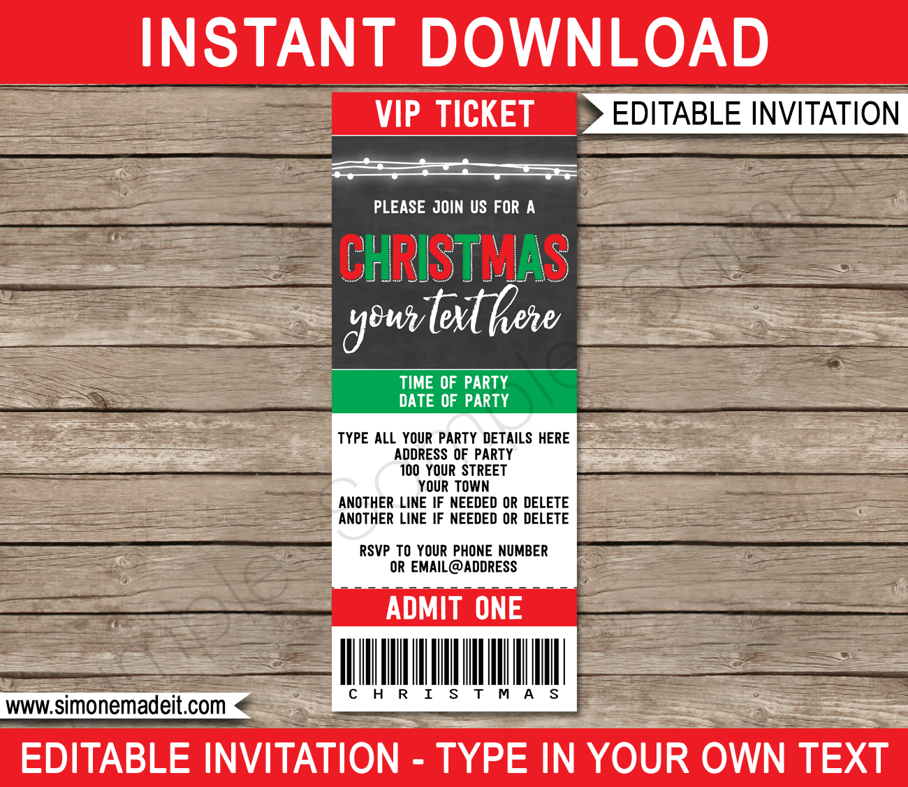 Printable Christmas Ticket Invitations | Chalkboard | Editable Text | Instant Download via simonemadeit.com