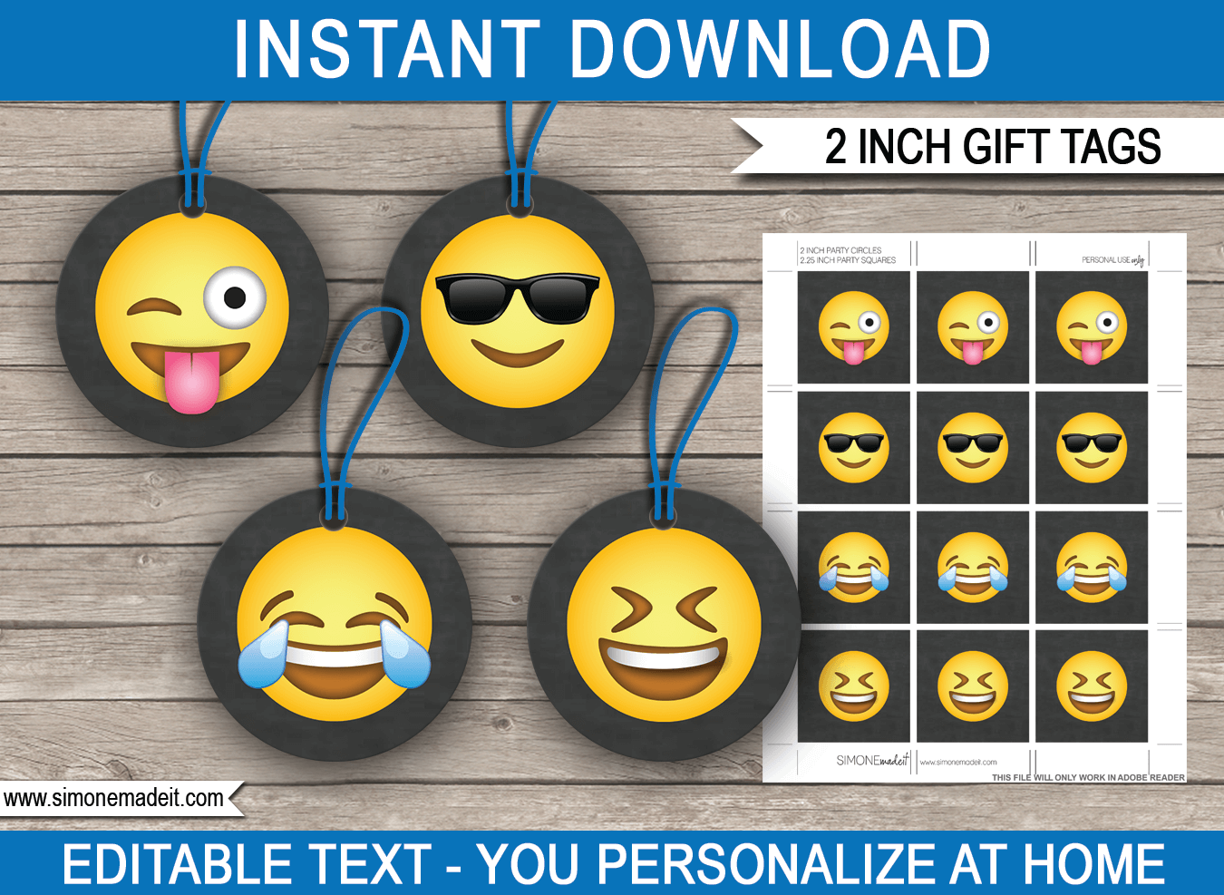 Boys Emoji Printable Gift Tags 2 inch | Editable DIY Template | Instant Download via simonemadeit.com