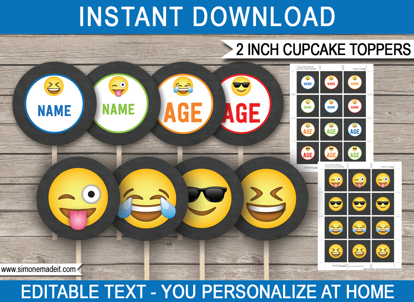 Boys Emoji Printable Cupcake Toppers | Editable DIY Template | Instant Download via simonemadeit.com