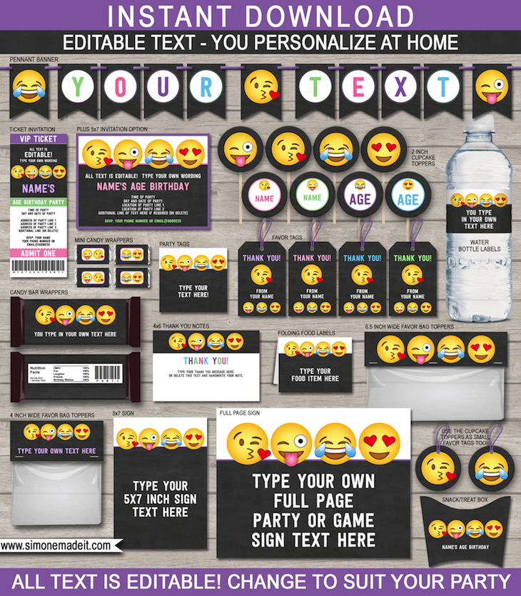 Emoji Theme Birthday Party Printables | Teen or Tween Party Ideas | DIY Editable & Printable Templates | Instant Download via simonemadeit.com 