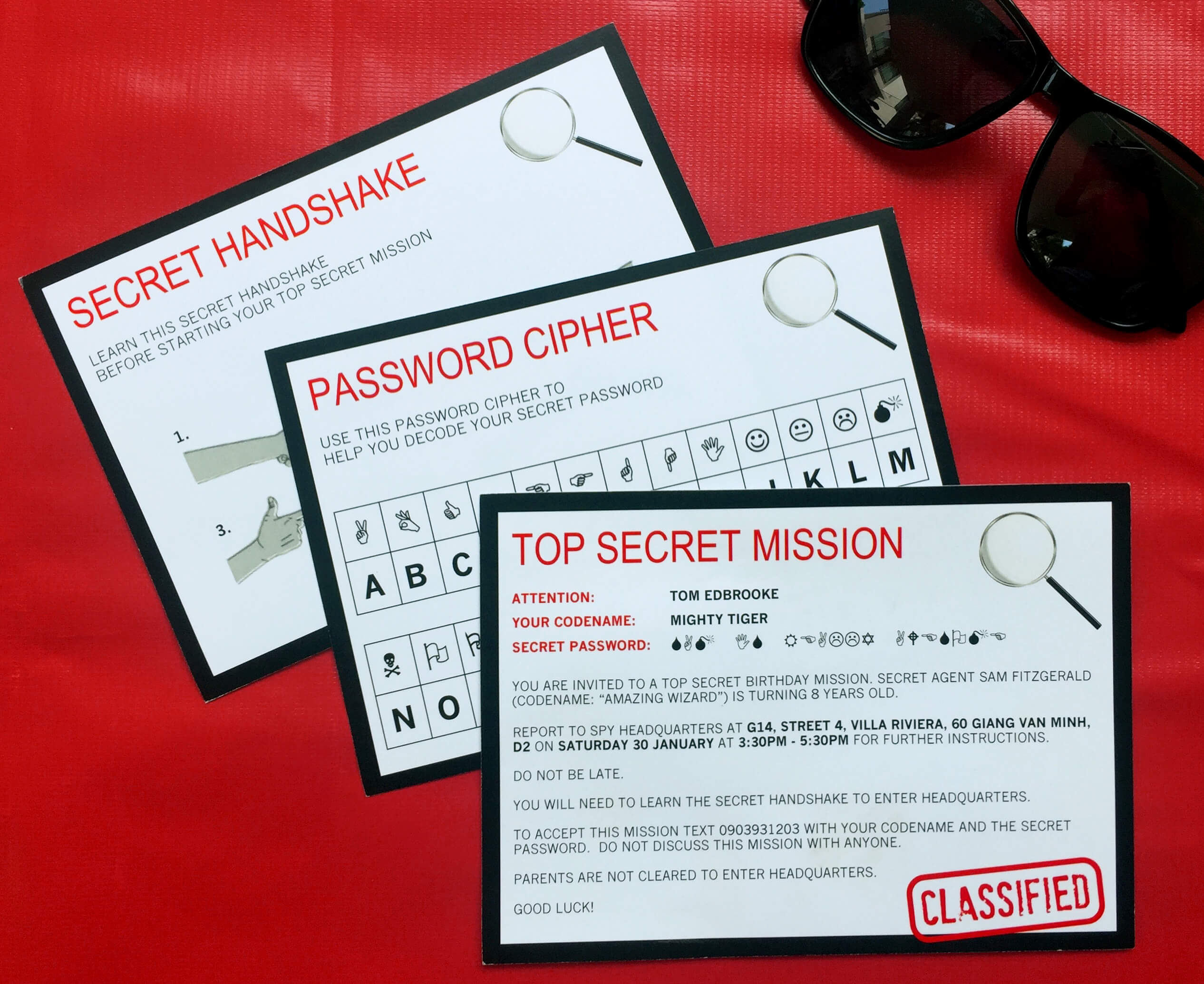 Secret Agent or Spy Birthday Party Invitation with Secret Code, Codename and Secret Handshake