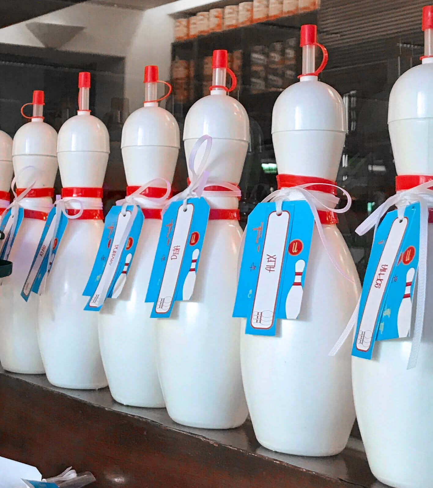 bowling birthday party favours - bowling pin water bottles