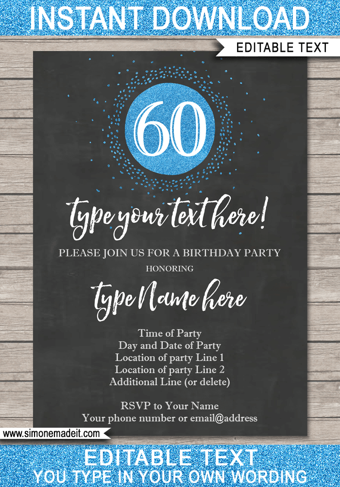 Thank You card Pink glitter on black Sixty years Adult 60th b-day printable invite Sixtieth birthday party PDF editable Invitation