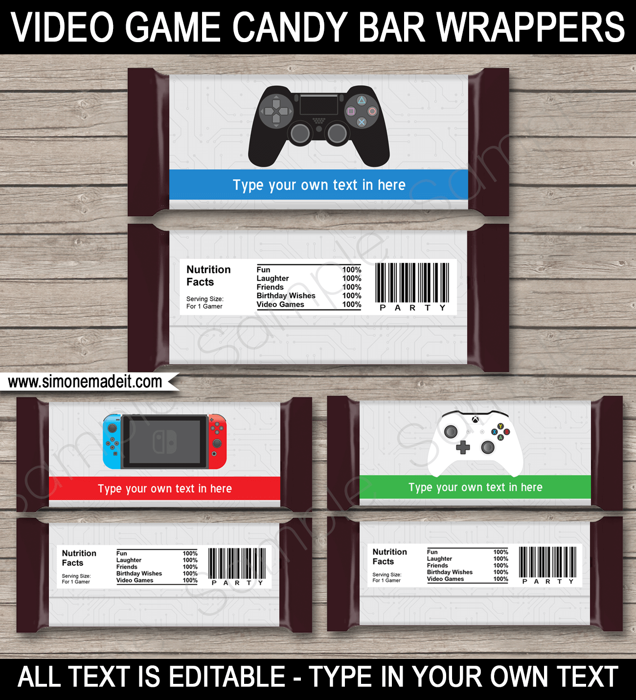 Video Game Theme Birthday Party Candy Bar Wrappers - Playstation Party Invitation, Nintendo Switch Party Invitation & Xbox Party Invitation - Editable & Printable DIY Templates - Instant download via simonemadeit.com