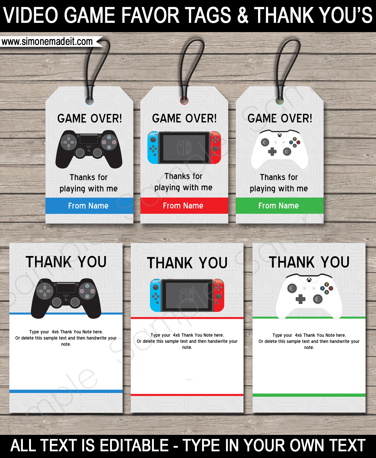 Video Game Birthday Party Theme Favor Tags & Thank You Notes - Playstation Party Invitation, Nintendo Switch Party Invitation & Xbox Party Invitation - Editable & Printable DIY Templates - Instant download via simonemadeit.com