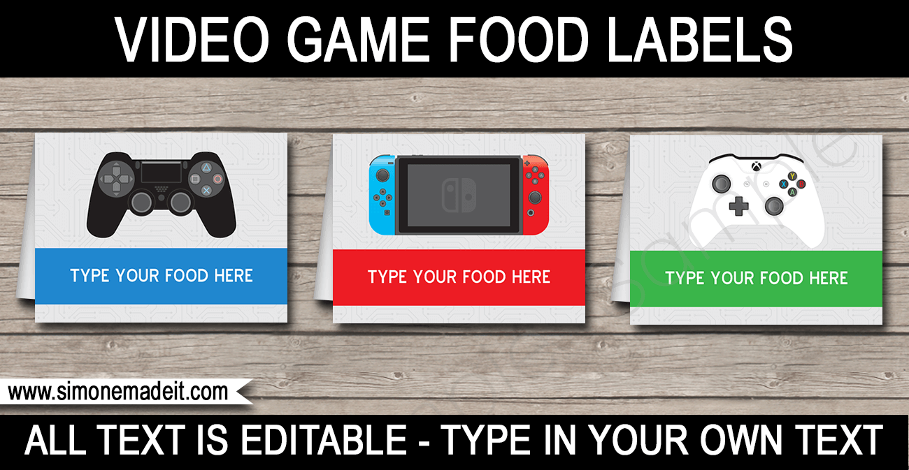 Video Game Theme Birthday Party Food Labels - Playstation Party Invitation, Nintendo Switch Party Invitation & Xbox Party Invitation - Editable & Printable DIY Templates - Instant download via simonemadeit.com